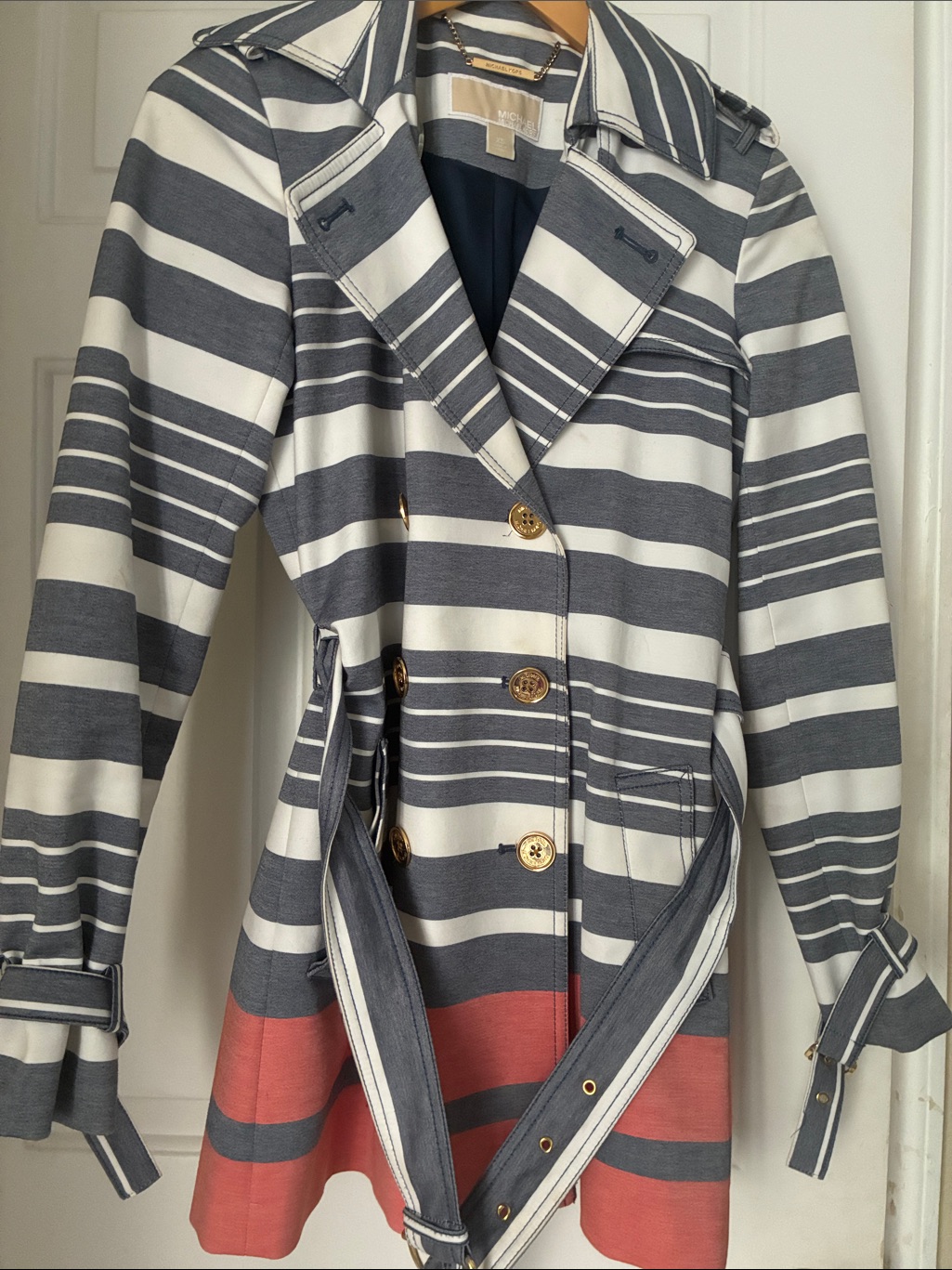 Michael Kors Striped Trench Coat In Navy, White & Coral